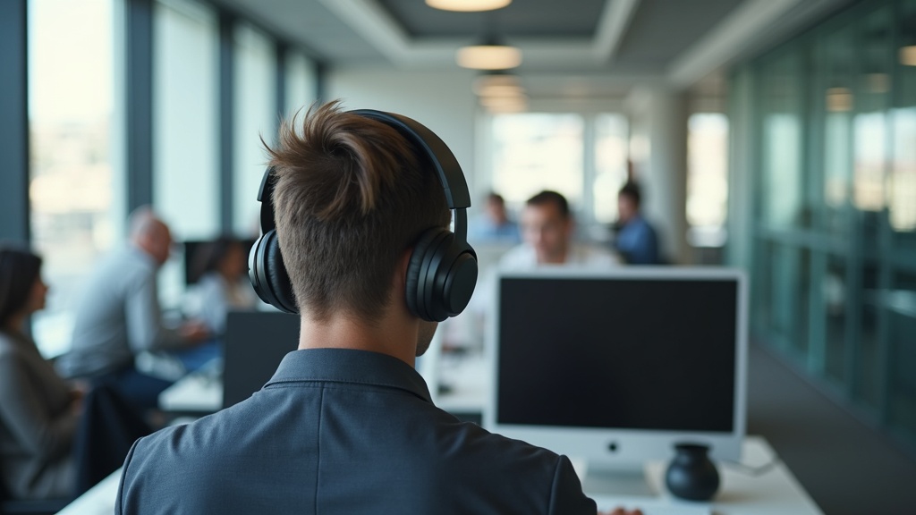 Professional wearing Sony WH-1000XM5 noise cancelling headphones during a video call in a modern office