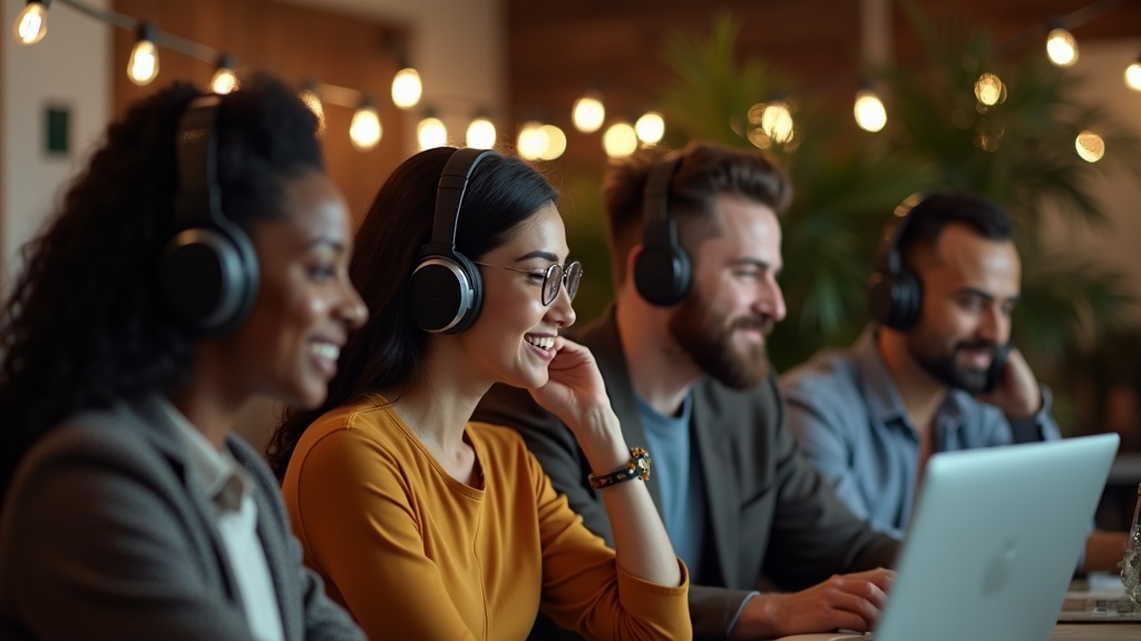 Team of professionals wearing different noise cancelling headphones during calls in a London co-working space
