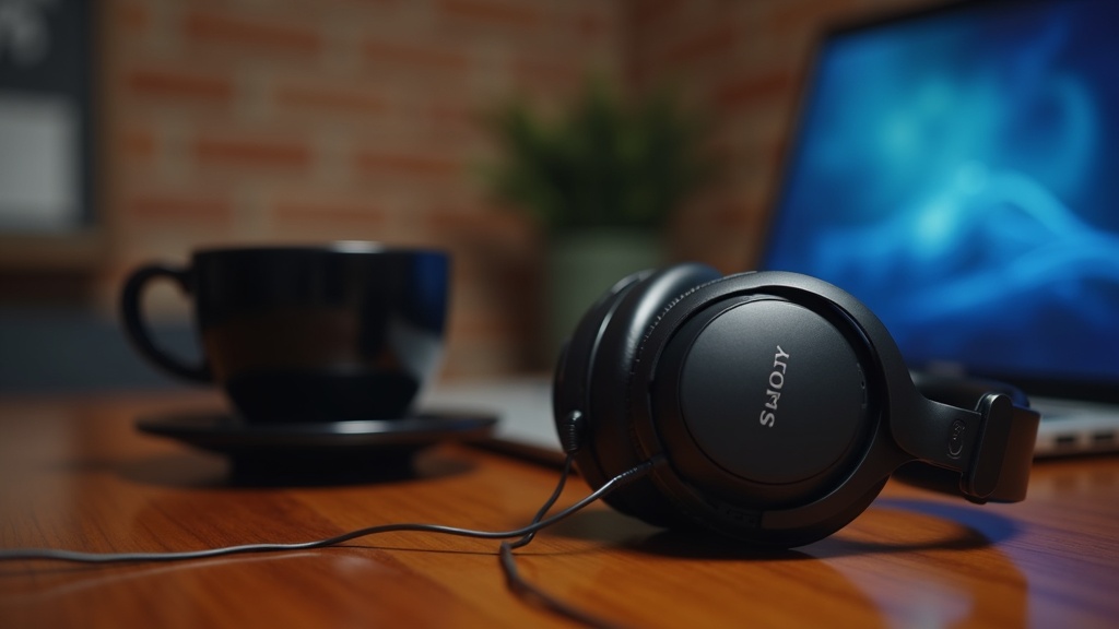 Sony WH-1000XM5 headphones on a desk with a MacBook Pro