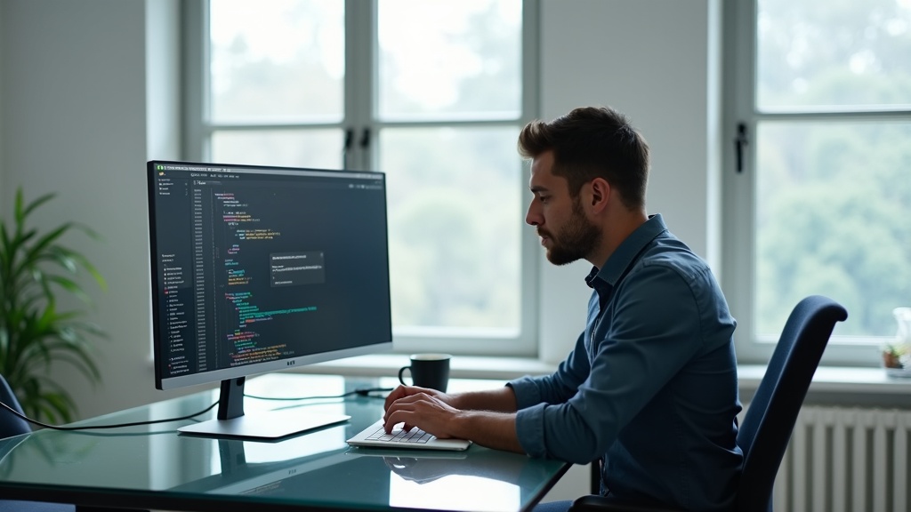 Software engineer using a portable monitor as a second screen for MacBook Pro in a modern office