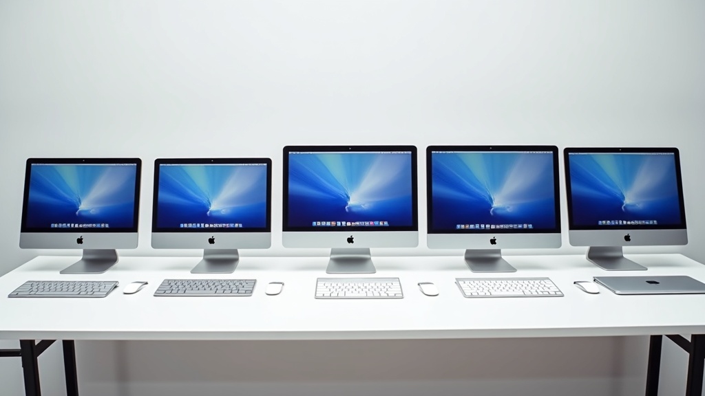 Five portable monitors connected to a MacBook Pro for side-by-side testing in a lab
