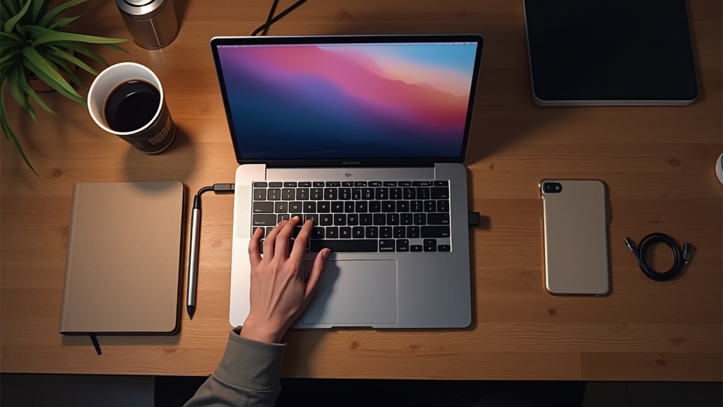MacBook Pro with LG Gram +View portable monitor in a coffee shop setting