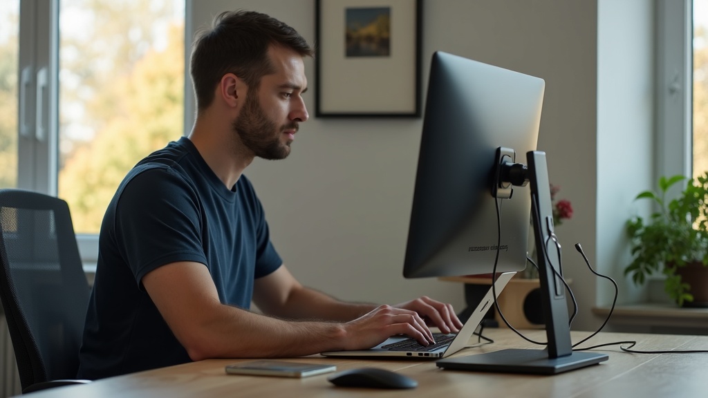 Man setting up a portable monitor on a stand next to MacBook Pro for ergonomic dual-screen work