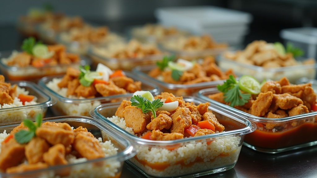 Meal prep containers with chicken and rice bowls featuring different sauces and vegetables