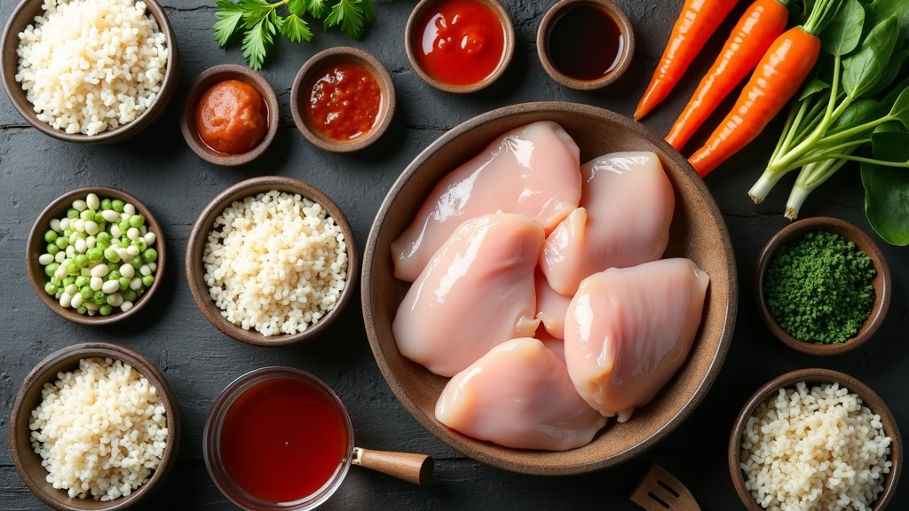 Flat lay of ingredients for chicken and rice bowls including chicken, rice, vegetables, sauces, and herbs