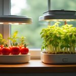Click and Grow and AeroGarden hydroponic systems growing cherry tomatoes on kitchen counter