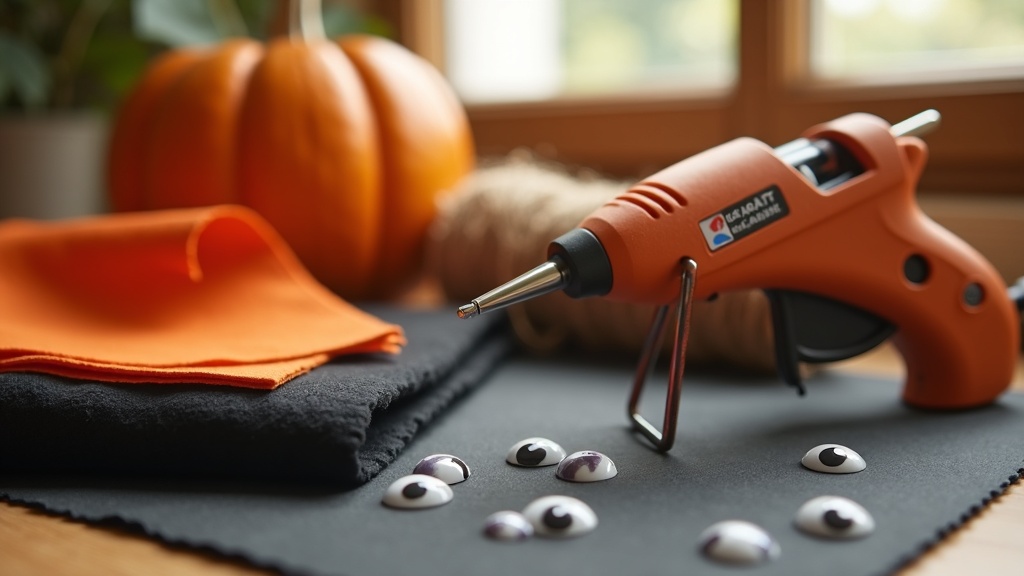 Craft supplies for DIY Halloween: glue gun, black and orange felt, googly eyes, jute twine on a green cutting mat.