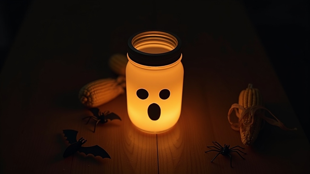 Glowing DIY mason jar ghost lantern among paper bats and a spider on a dark wooden table.