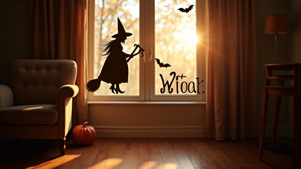 Sunlit living room window with DIY black poster board silhouettes of a witch and bats casting shadows on the floor.