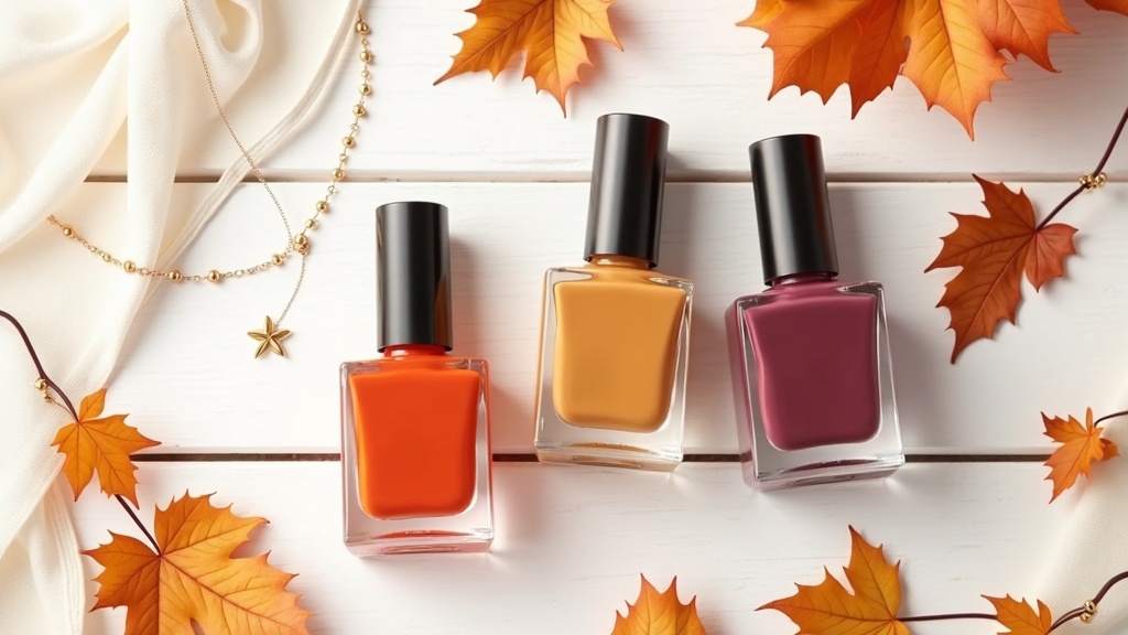 Array of nail polish bottles in trending end of summer colors like terracotta and plum