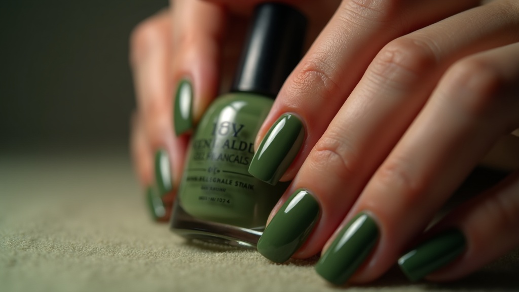 Hands with glossy gel manicure in olive green, holding gel polish bottle