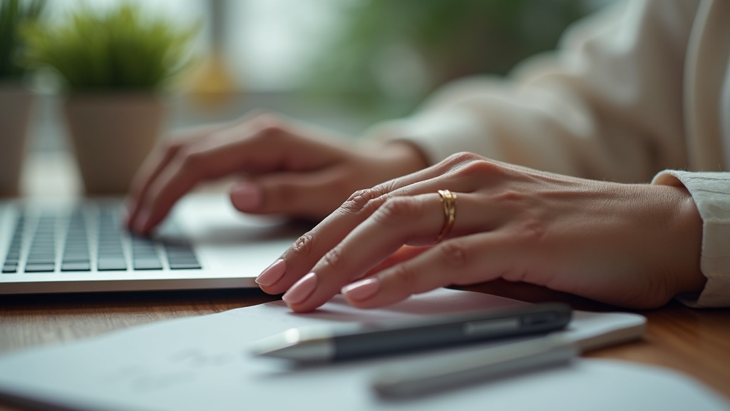 Professional woman's hands with subtle sheer pink end of summer nails on a laptop