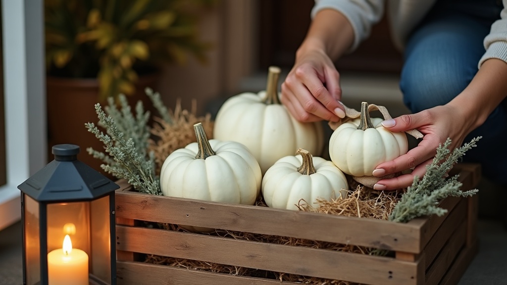Wooden crate with white pumpkins, dried eucalyptus, and hay bales on porch step for fall Halloween decor