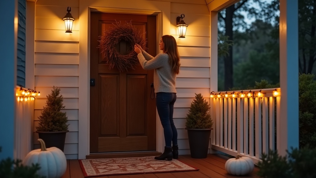 Front porch with outdoor rug, grapevine pumpkin wreath, and warm string lights for fall Halloween decor