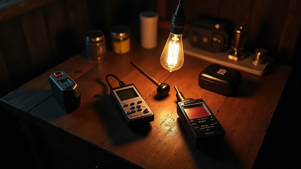 Top paranormal detection equipment: Mel Meter 870C, digital voice recorder, and EMF detector on a dark table