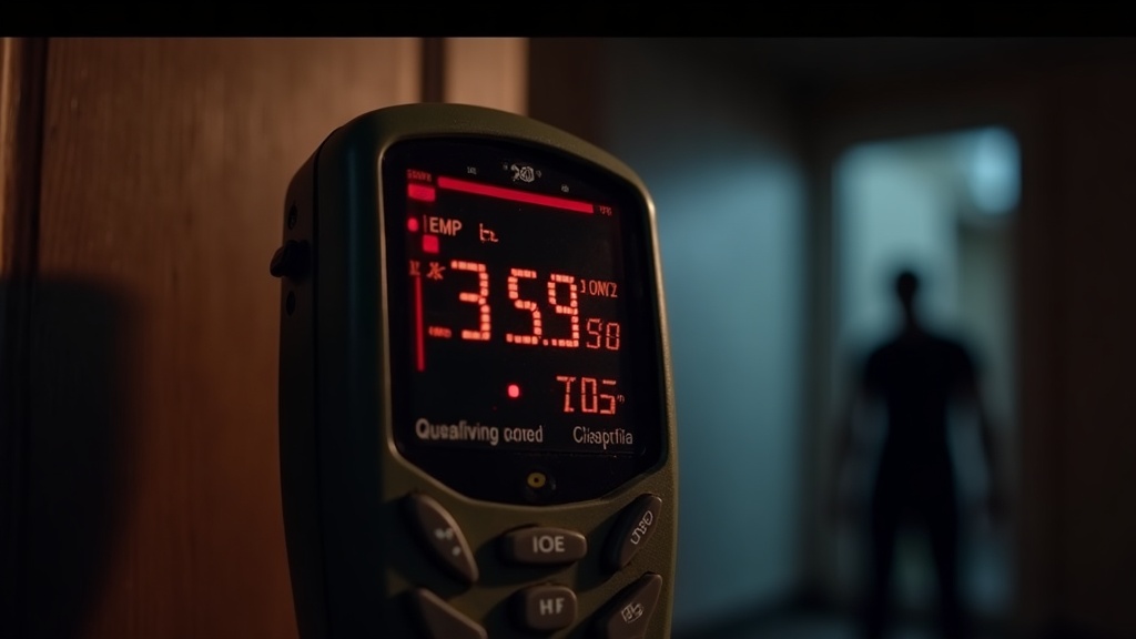 Mel Meter 870C digital display showing EMF and temperature readings during a ghost hunting session