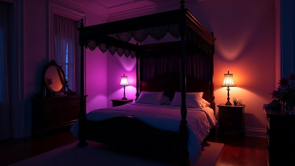 Govee RGBIC floor lamp casting purple and amber light in a gothic Halloween bedroom setup