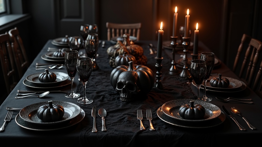 Overhead view of a gothic Halloween dinner table with black bone china, skull wine glasses, and apothecary candles