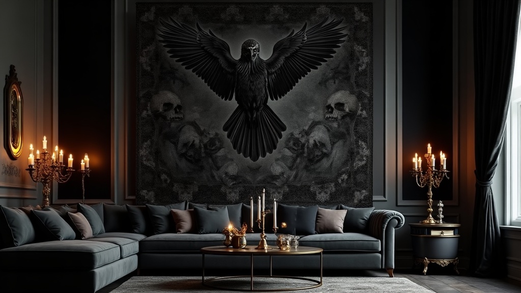 Large black velvet Gothic tapestry of ravens and skulls on a living room wall with black velvet panels
