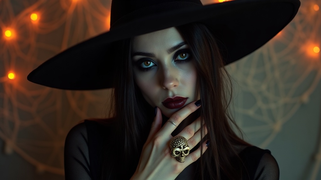 Woman wearing witch hat and skull ring with fog machine remote in dimly lit haunted room