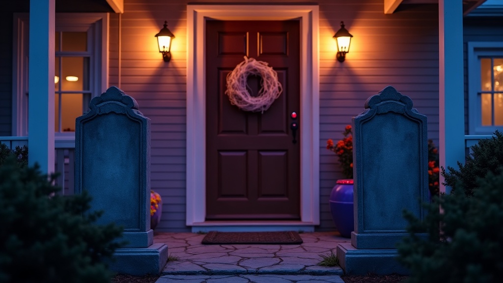 Haunted front porch with tombstones, fog machine, and string lights for Halloween