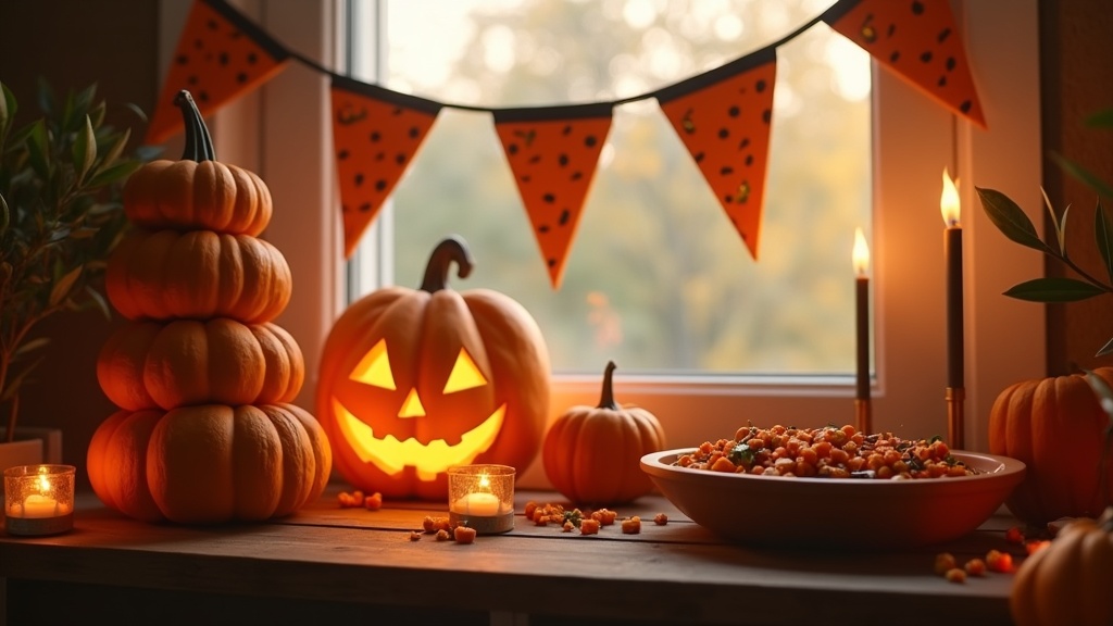 Eco-friendly Halloween decor with wooden pumpkins and LED candles