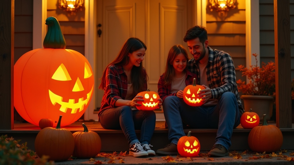 Family carving pumpkins with Halloween inflatable and string lights