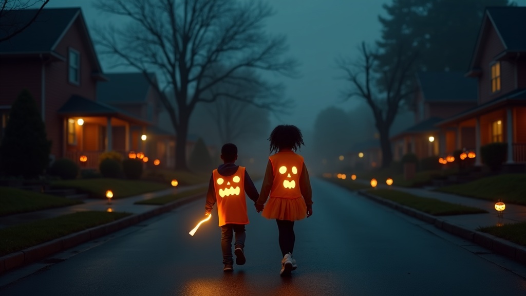 Children trick-or-treating with glow sticks and reflective vests