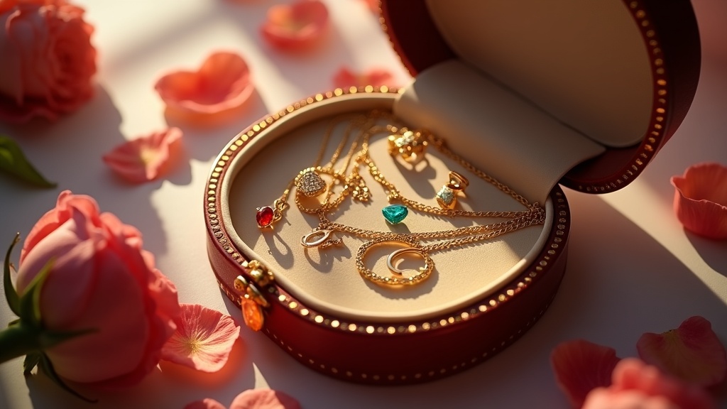 Luxury jewelry box with gold necklaces and gemstone rings for Instagram affiliate marketing