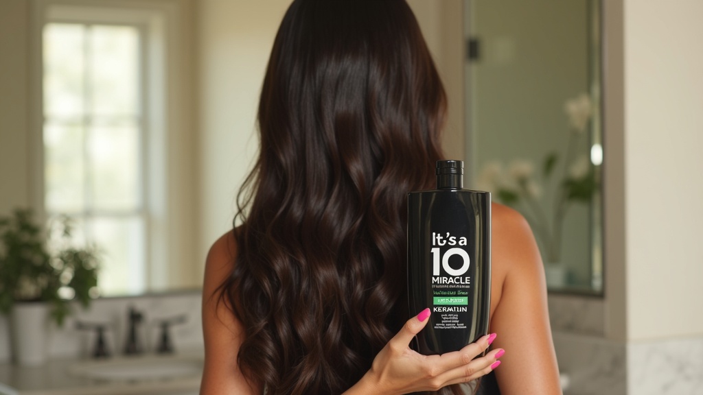 Woman holding It's a 10 Miracle Leave-In Plus Keratin bottle in bright bathroom