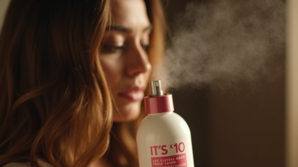 Close-up of It's a 10 Miracle Leave-In bottle spraying fine mist onto hair