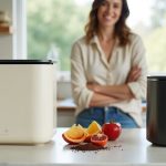 Lomi and Mill food composters side by side on a kitchen countertop with fruit scraps