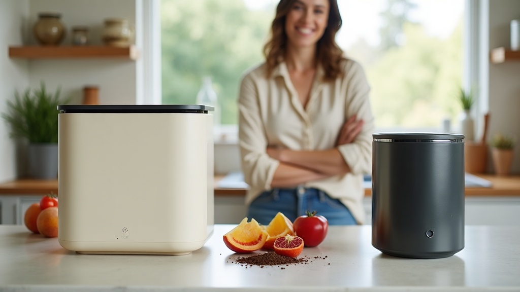 Lomi and Mill food composters side by side on a kitchen countertop with fruit scraps