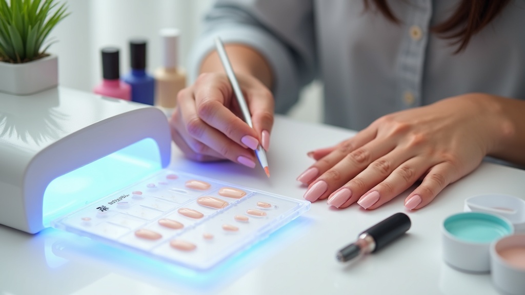 Close-up of hands applying a press-on nail from a premium kit on a white desk with nail tools.