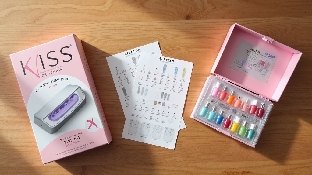 Flat lay of KISS, OLIVE & JUNE, and Beetles nail sets on a wooden table.