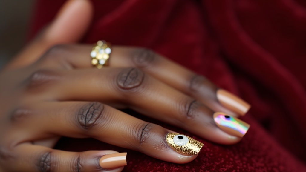 Close-up of detailed nail art with gold foil, rhinestones, and cat-eye effect on dark skin.