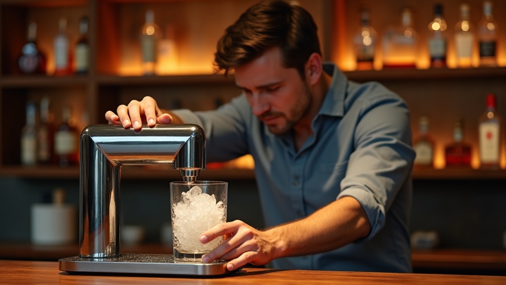Nugget ice maker for home bar review showing pellet ice dropping into glass