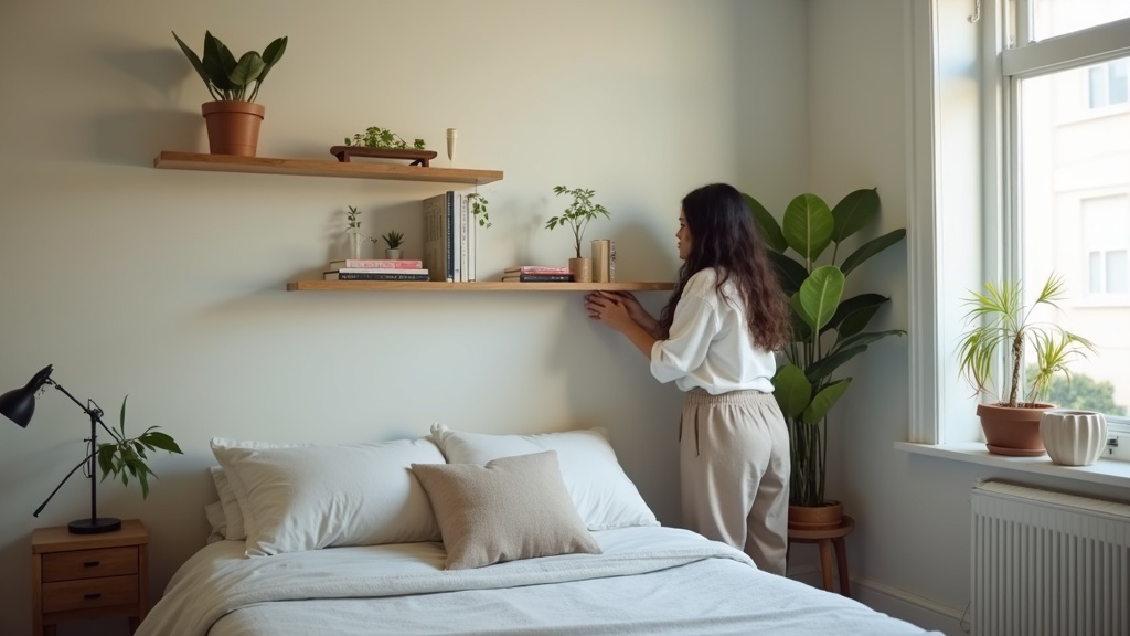 Hispanic woman installing a wall shelf with plant and books in a small apartment