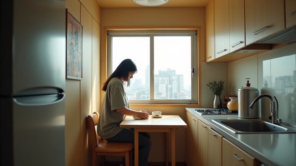 Japanese woman using a folding drop-leaf dining table in a small Tokyo apartment kitchen