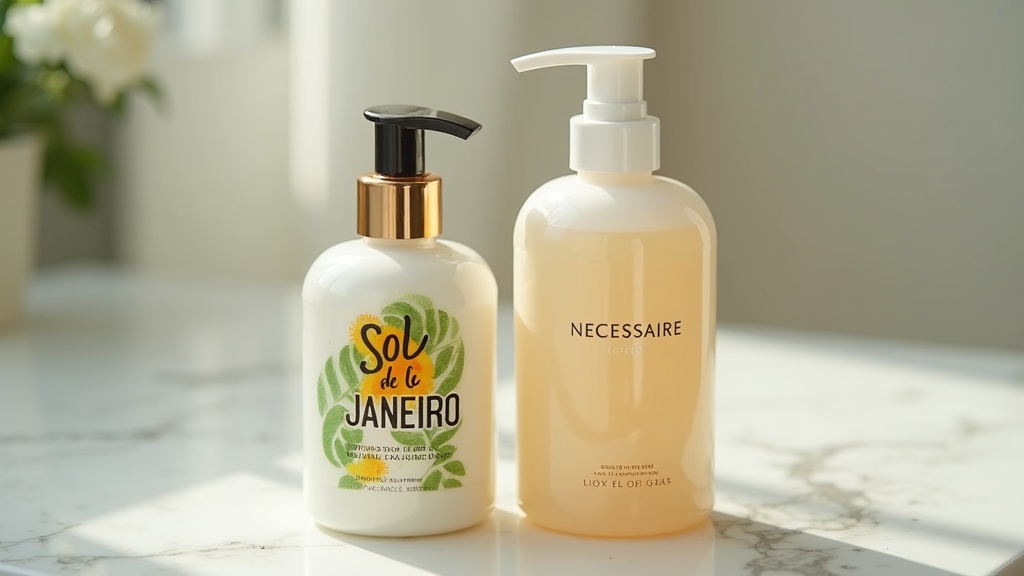 Sol de Janeiro vs Necessaire for dry skin side by side on marble countertop