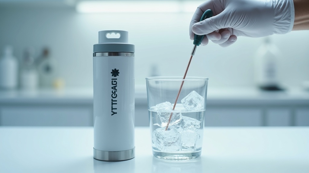 Close-up of ice cubes in Stanley and Owala tumblers with a thermometer