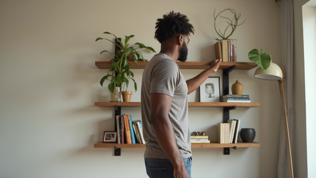 Black male installing floating shelves in tiny apartment living room, demonstrating vertical storage ideas.