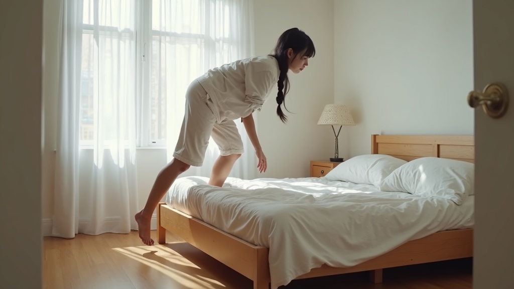Asian woman lifting hydraulic bed frame to reveal storage in tiny apartment bedroom.