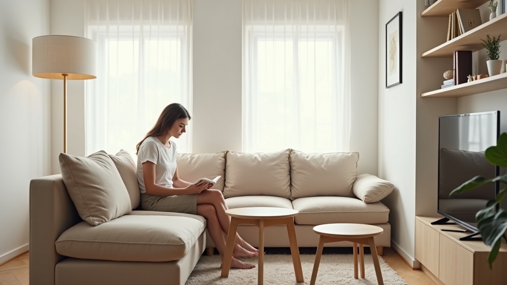 IKEA Kivik sofa with nesting tables and corner shelf in a small living room