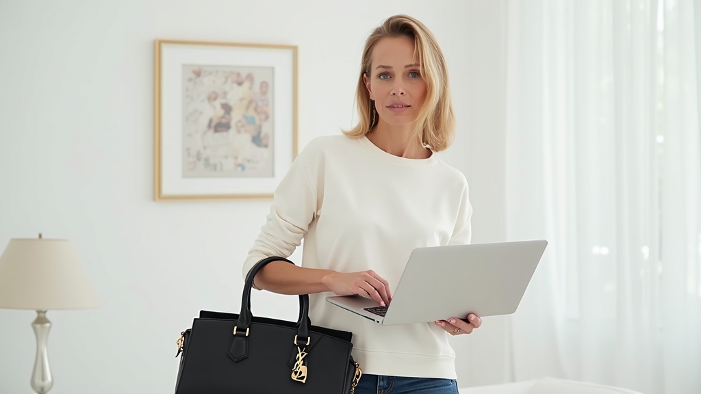 Woman with Saint Laurent bag viewing ShareASale affiliate dashboard on laptop