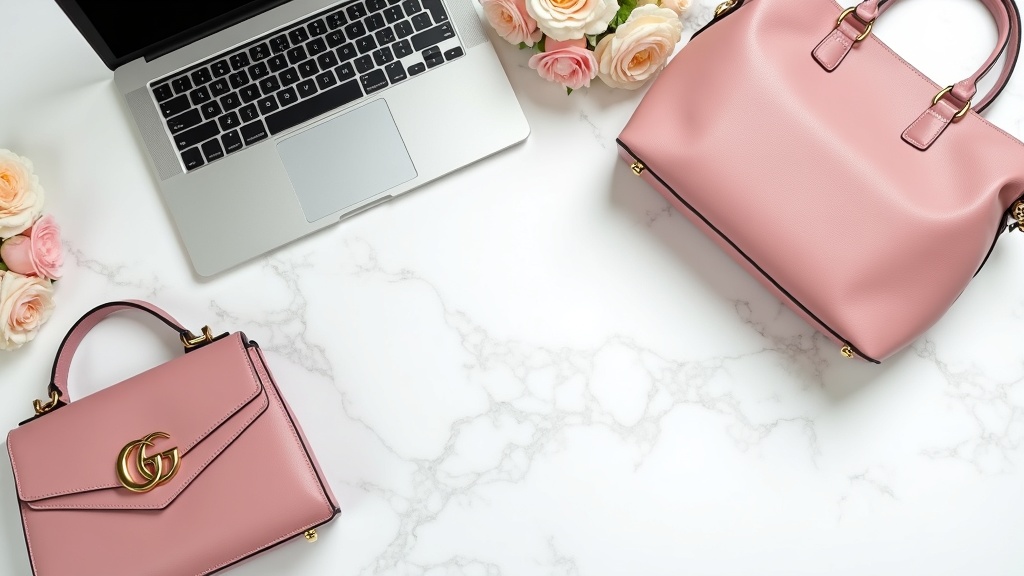 Gucci, Dior, Louis Vuitton bags in flat lay with laptop showing affiliate marketing blog post