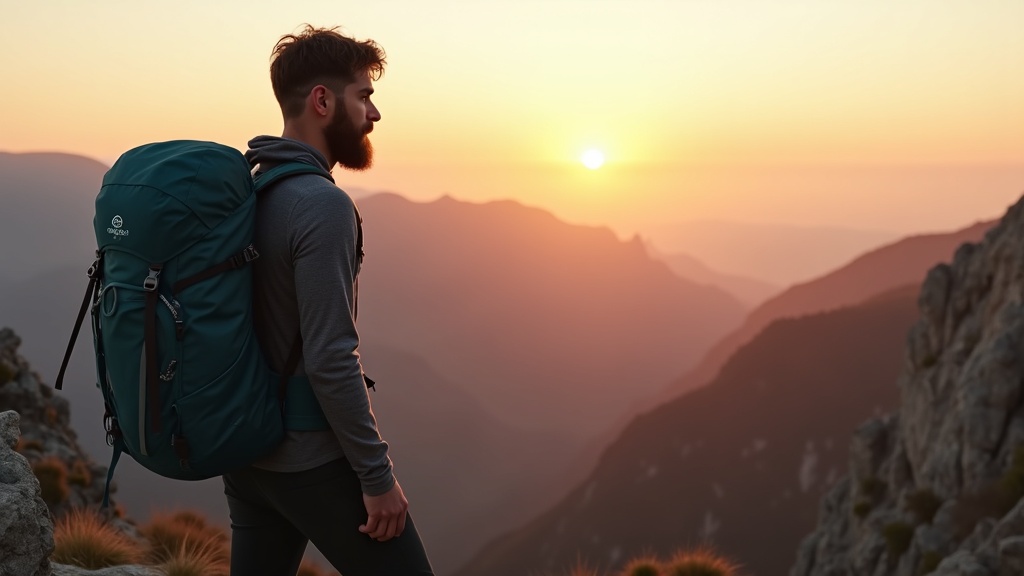 Hiker with Osprey Farpoint 55 backpack on mountain