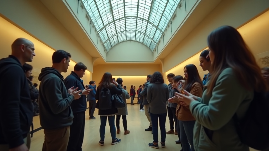 Tourists at the British Museum using Viator app for audio guide