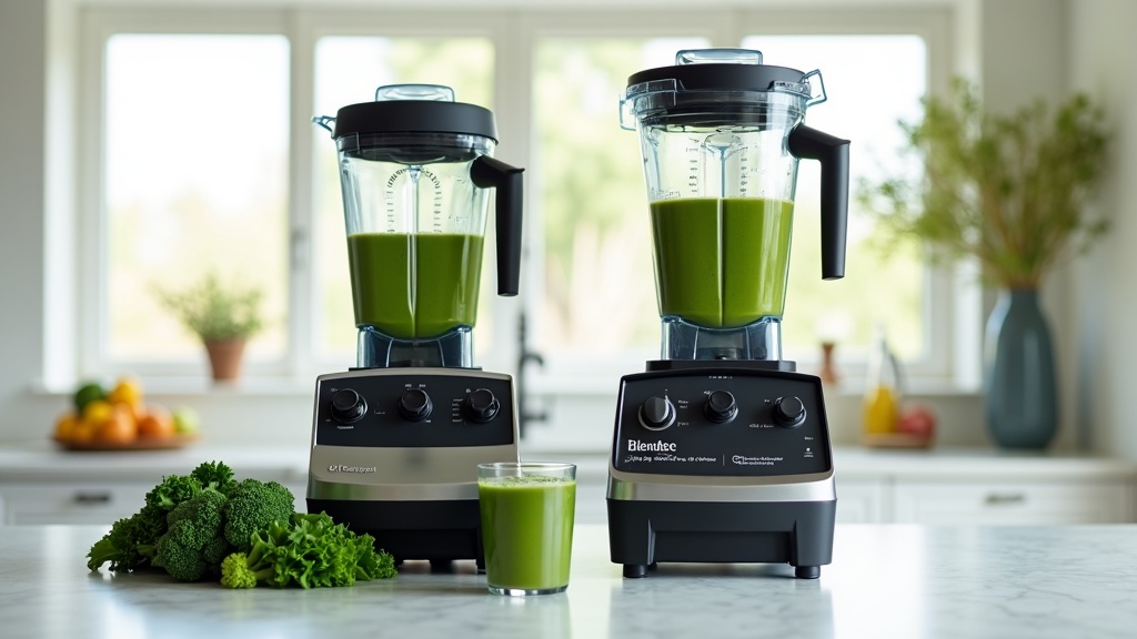 Vitamix A3500 and Blendtec Designer 725 blenders with a green smoothie
